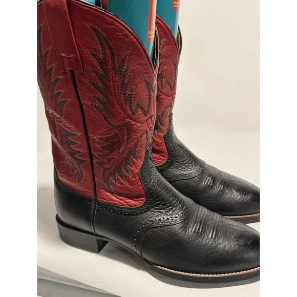 ARIAT HERITAGE BLACK & RED COWHIDE LEATHER ROUND TOE COWBOY BOOTS 9.5d - Picture 2 of 6